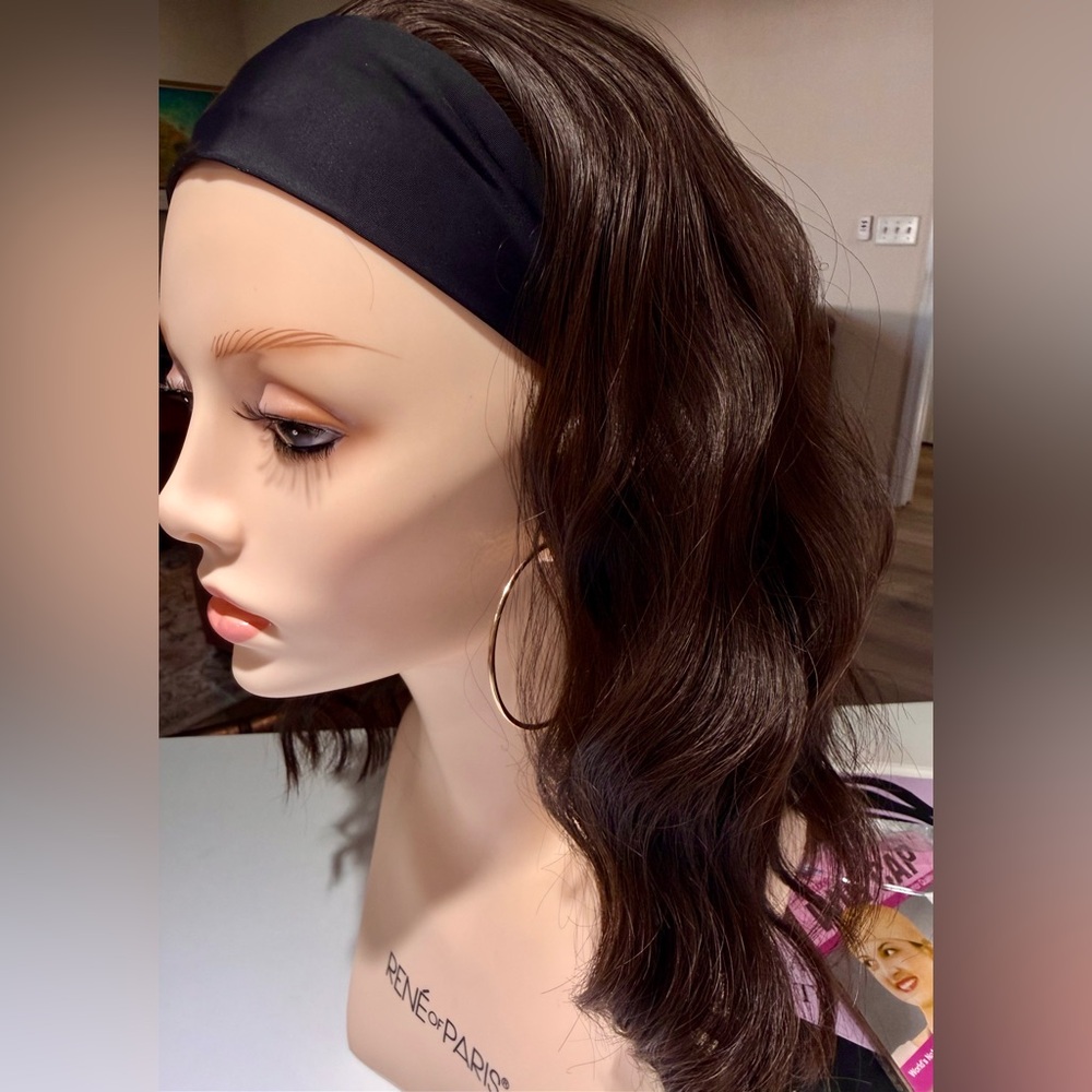 Natural Brown Headband Wig with Black Stretch Band - Versatile Style